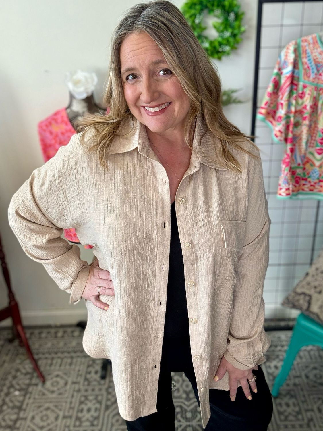 PLUS Khaki Gauzy Light Weight Button Down Blouse
