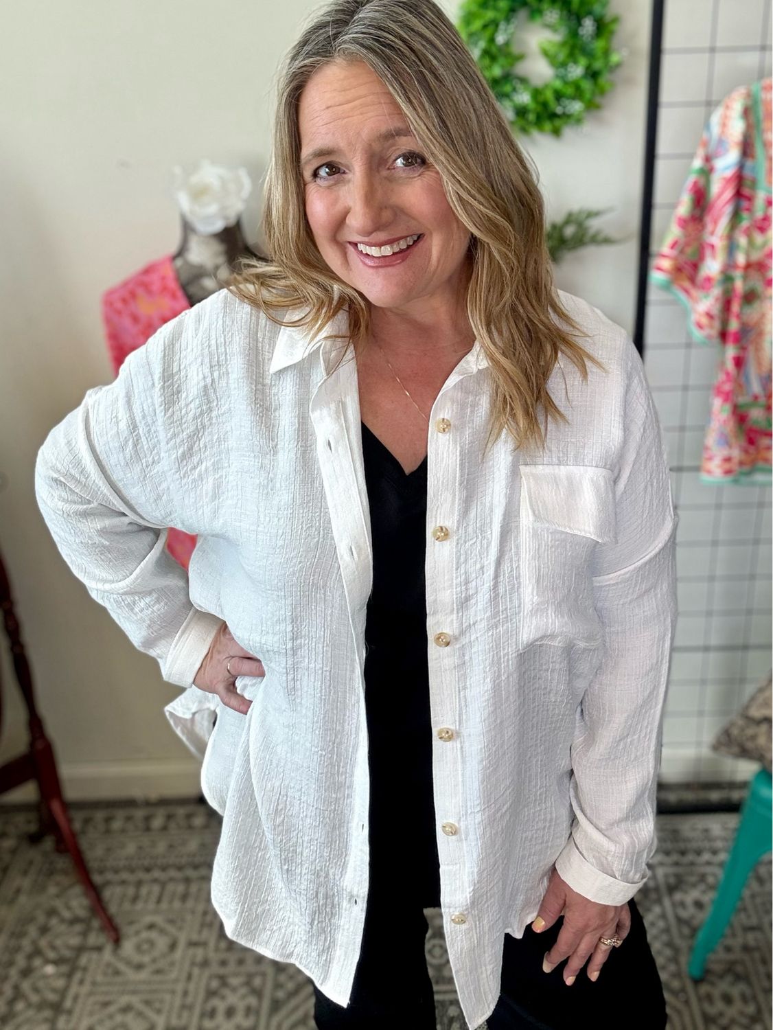 PLUS White Gauzy Light Weight Button Down Blouse