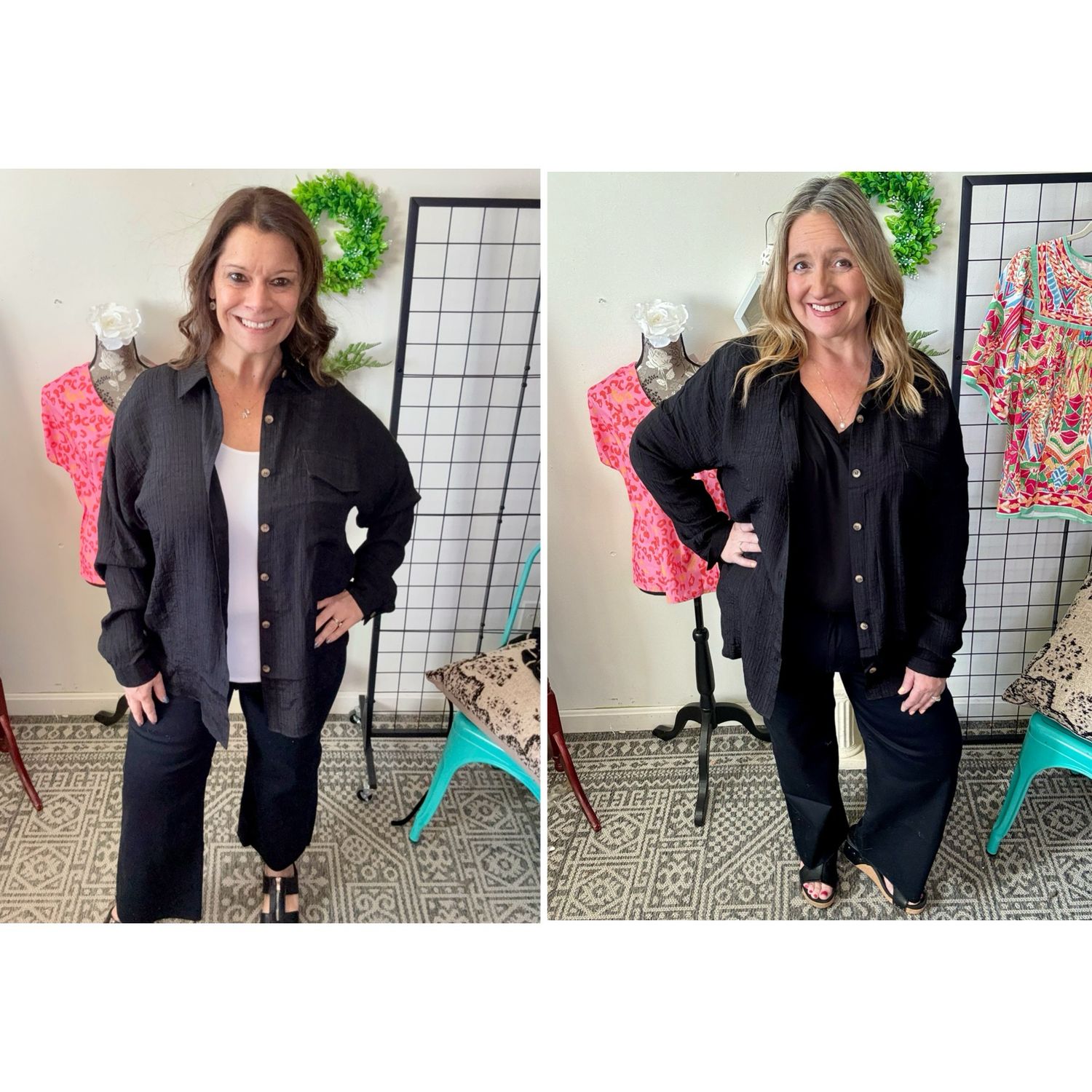 Black Gauzy Light Weight Button Down Blouse