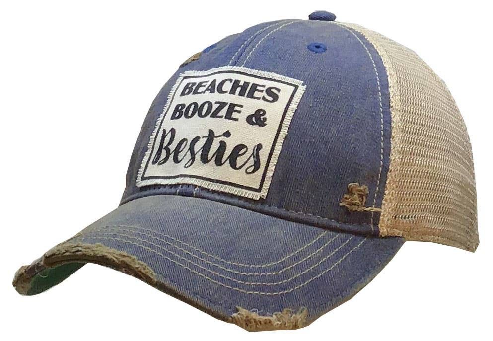 Beaches Booze &amp; Besties Distressed Trucker Hat