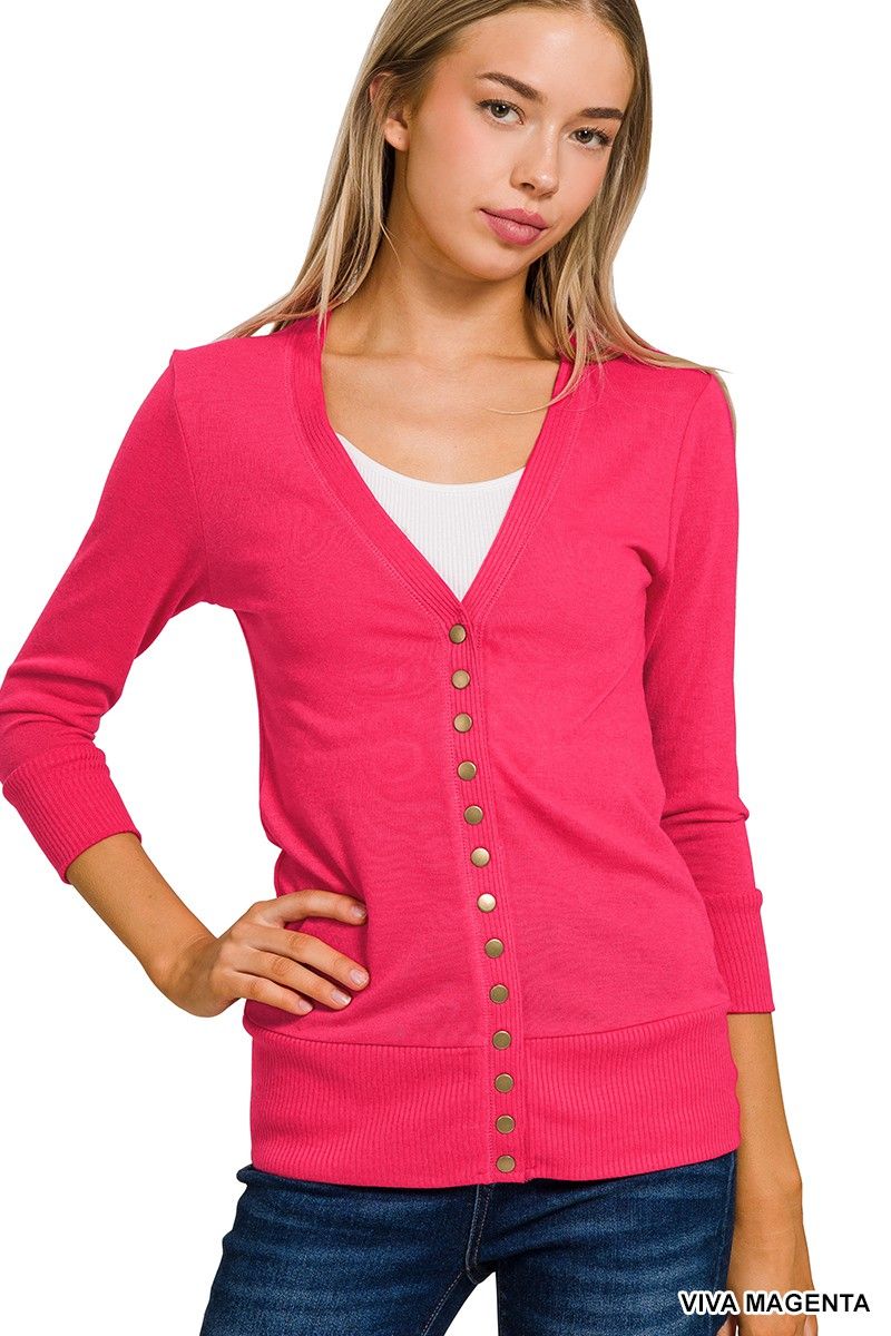 Viva Magenta Snap Button Cardigan 3/4 Sleeve