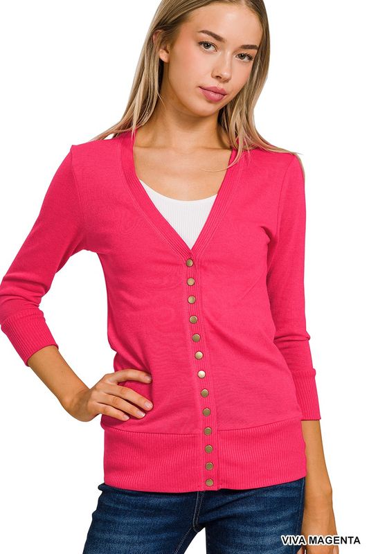 Viva Magenta Snap Button Cardigan 3/4 Sleeve