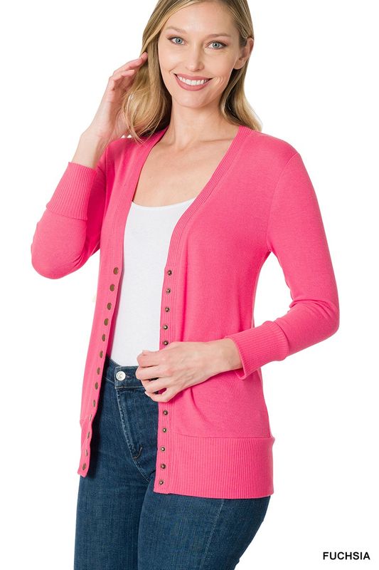 Fuschia Snap Button Cardigan 3/4 Sleeve