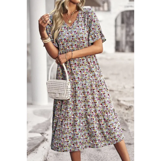 Blue Floral Ruffle Sleeve Midi Dress