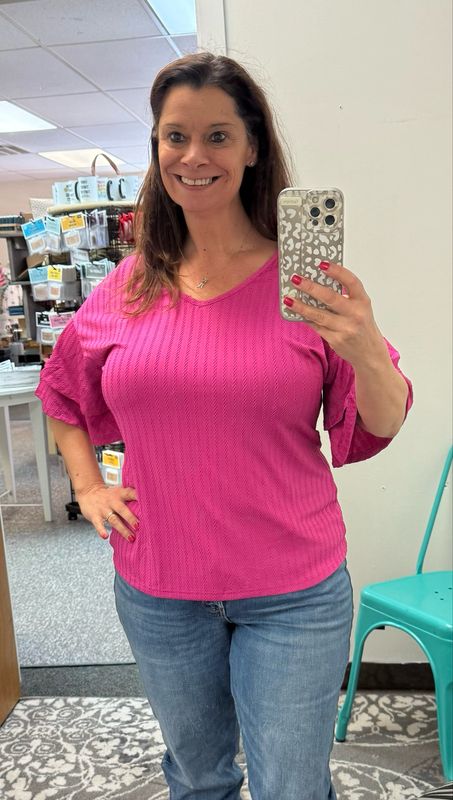 Ruffle Half Sleeve V Neck Top - Pink