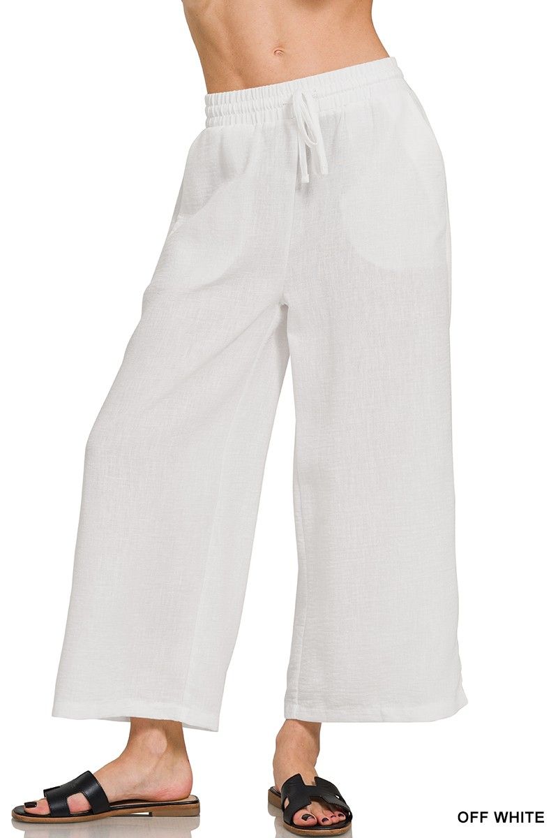 White Linen Look Wide Leg Cropped Pants