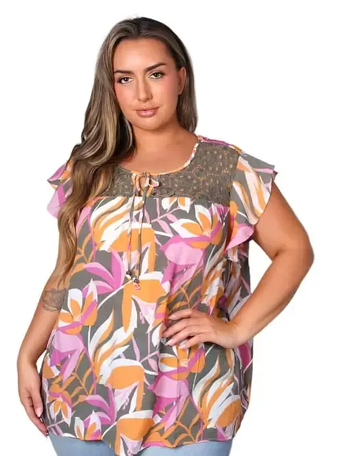PLUS Lace Embroidered Flutter Sleeve Blouse