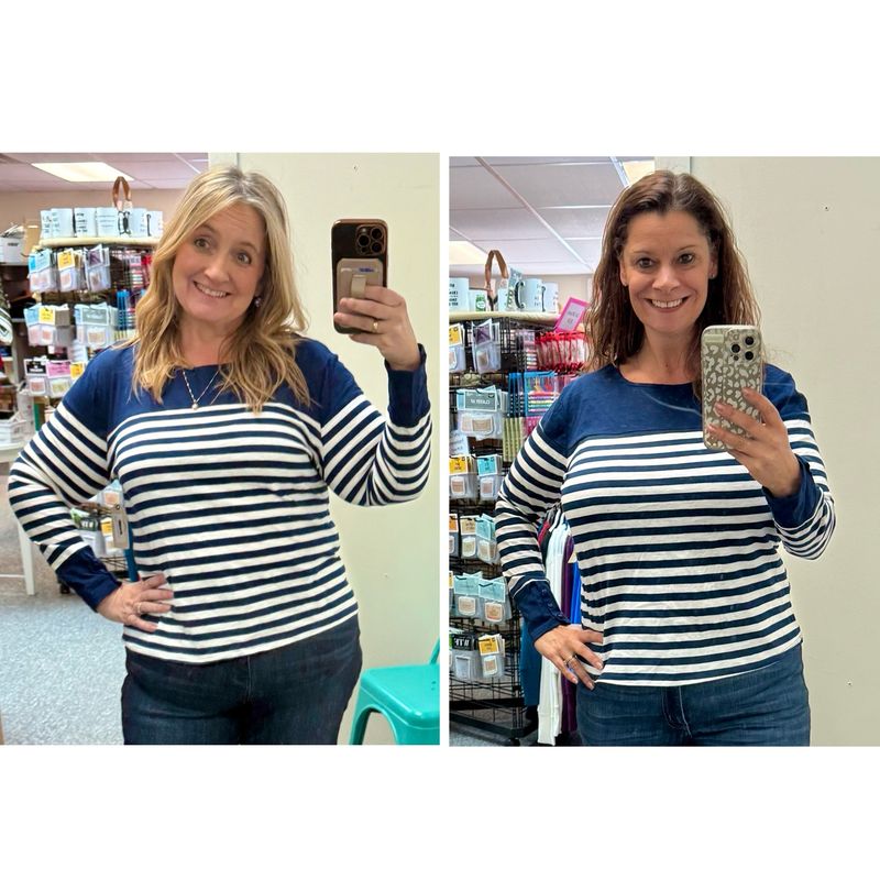 Petite Womens Coastal Stripes Blue and White Striped Top