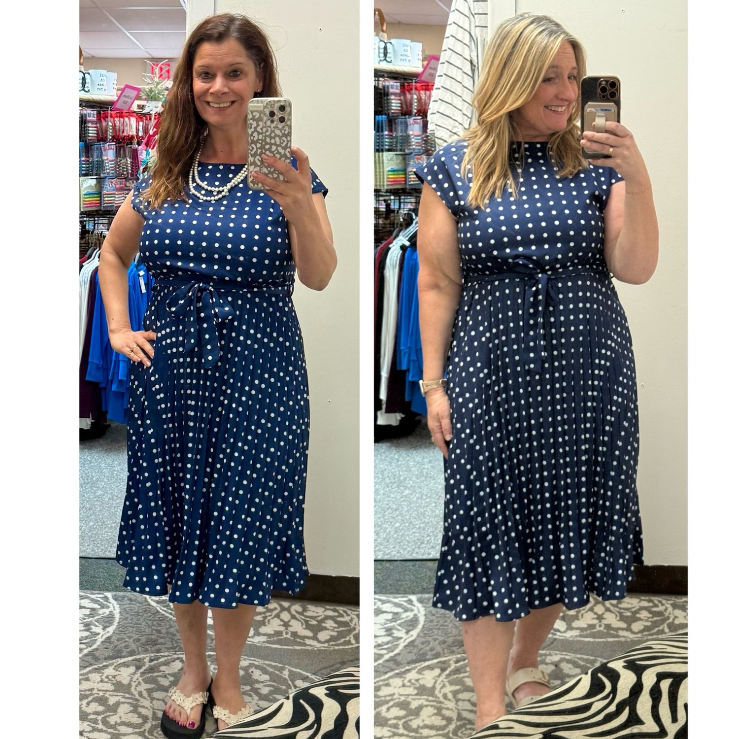Navy Polka Dot Pleated Belted Dress