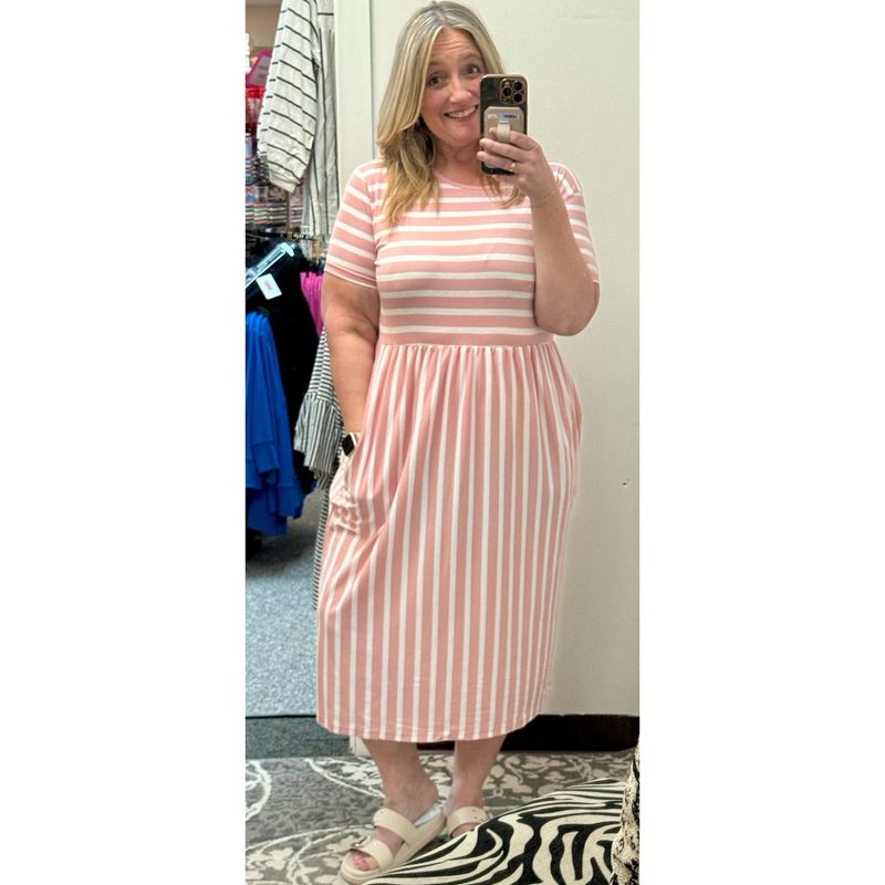 Pink Striped Midi Dress With Pockets
