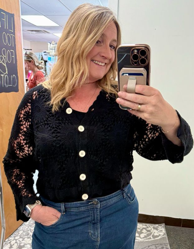 Lacey Crochet Cropped Cardigan - Black