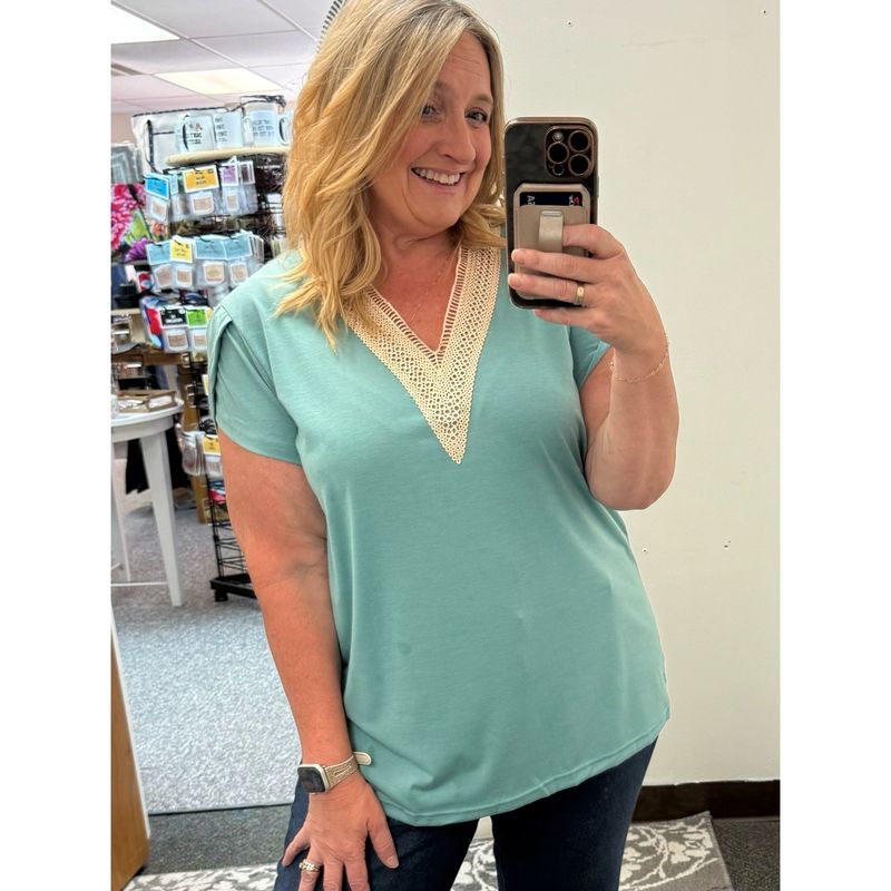Dusty Teal Lacey V Neck Short Sleeve Top