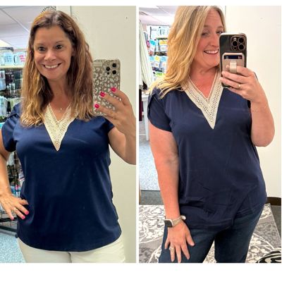 Navy Lacey V Neck Short Sleeve Top