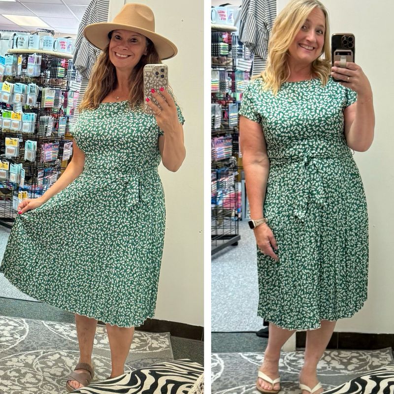 Green Floral Pleated Belted Dress
