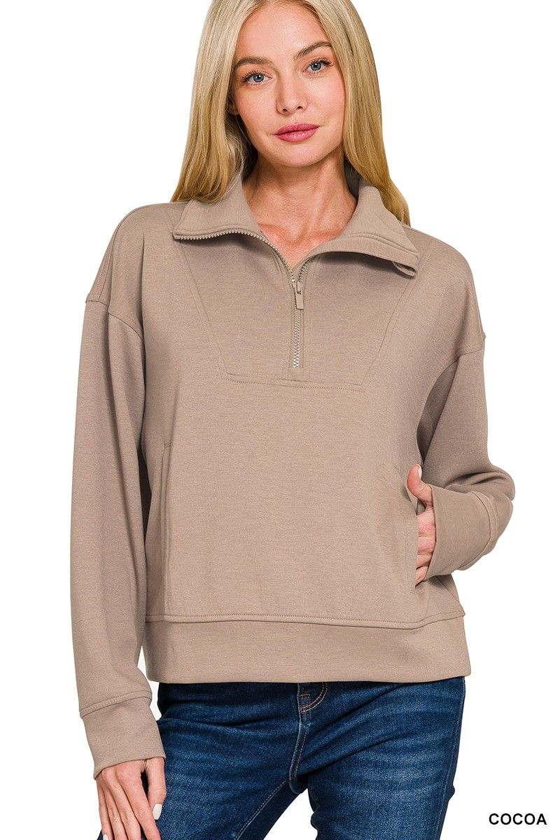 COCOA  Half Zip Cropped Scuba Sweatshirt With Pockets