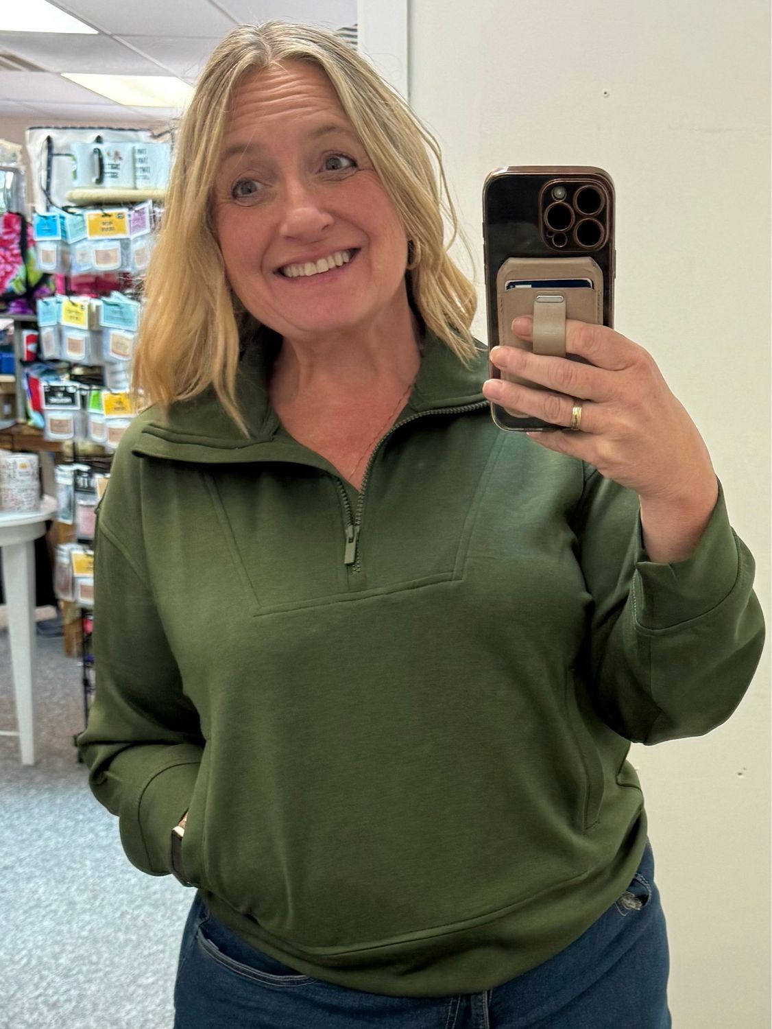 OLIVE Half Zip Cropped Scuba Sweatshirt With Pockets