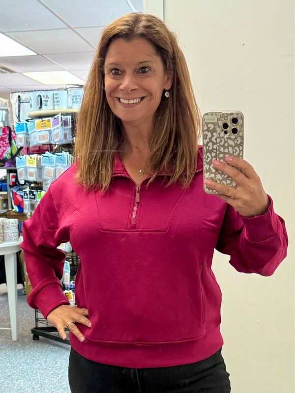 CABERNET Half Zip Cropped Scuba Sweatshirt With Pockets