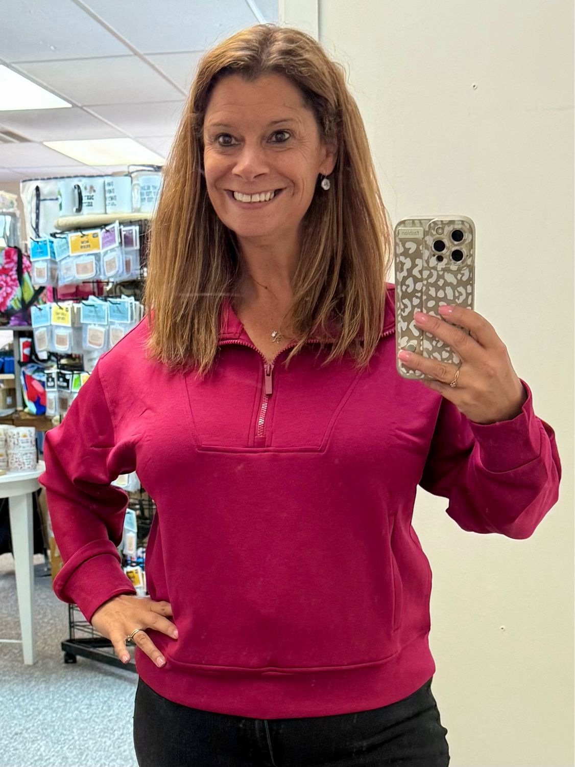 CABERNET Half Zip Cropped Scuba Sweatshirt With Pockets CABERNET Half Zip Cropped Scuba Sweatshirt With Pockets