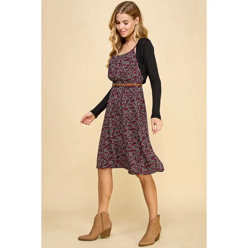 Midi Floral Dress With Shrug and Belt