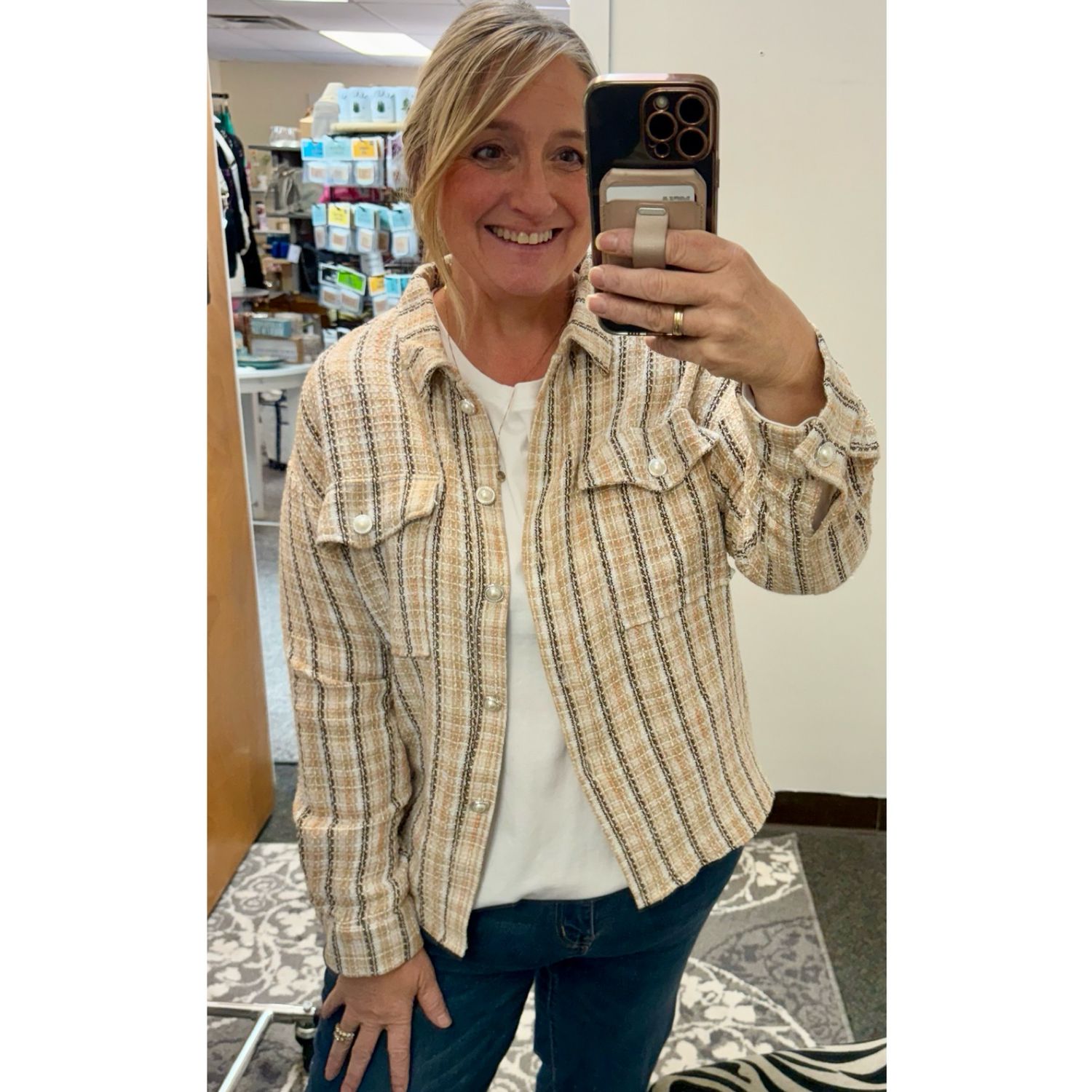 Plaid Tweed Jacket With Rhinestone Buttons Plaid Tweed Jacket With Rhinestone Buttons