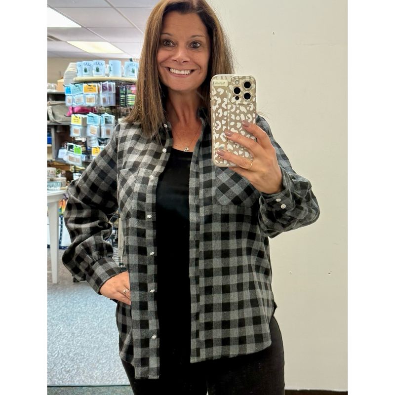 Grey Plaid Flannel With Rhinestone Button Detail