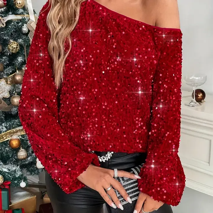 Sexy Slanted Collar Off-The-Shoulder Sequin Blouse Sexy Slanted Collar Off-The-Shoulder Sequin Blouse