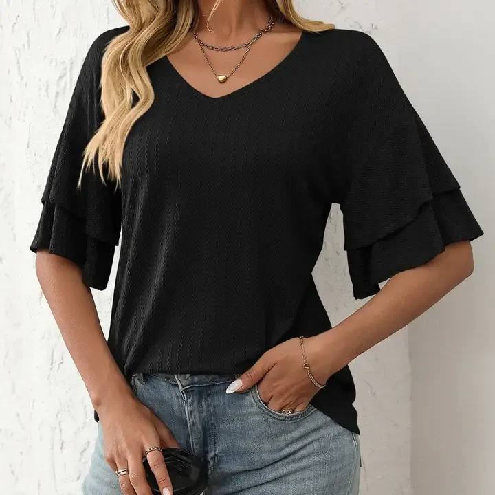 Ruffle Half Sleeve V Neck Top - Black
