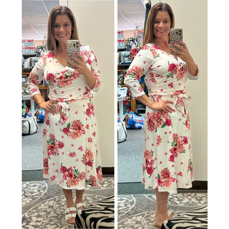 White Floral Faux Wrap Midi Dress Sizes S-L White Floral Faux Wrap Midi Dress Sizes S-L