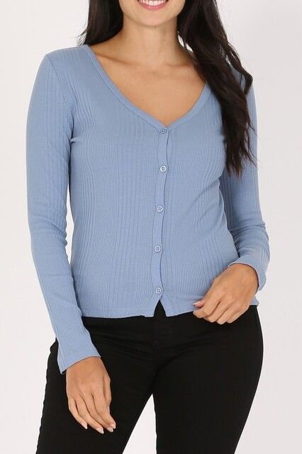 Blue Long Sleeve Ribbed Cardigan