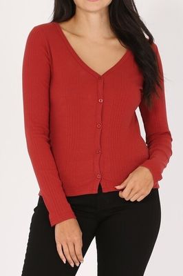 Wine Long Sleeve Ribbed Cardigan