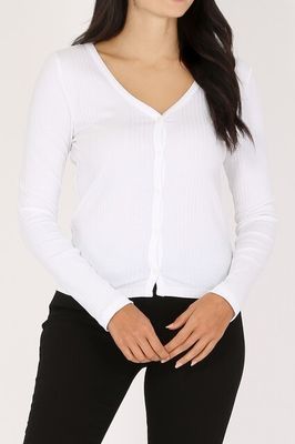White Long Sleeve Ribbed Cardigan