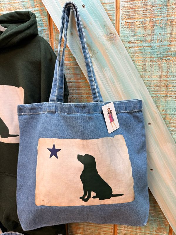 Maine Flag Dog Denim Tote Bag