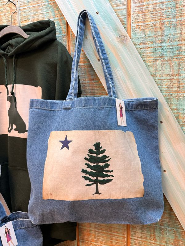 Maine Flag Pine Denim Tote Bag