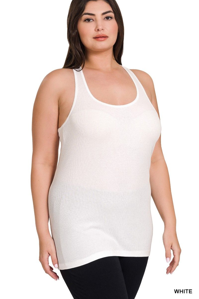 White Plus Size Racer Back Cotton Rib Tank