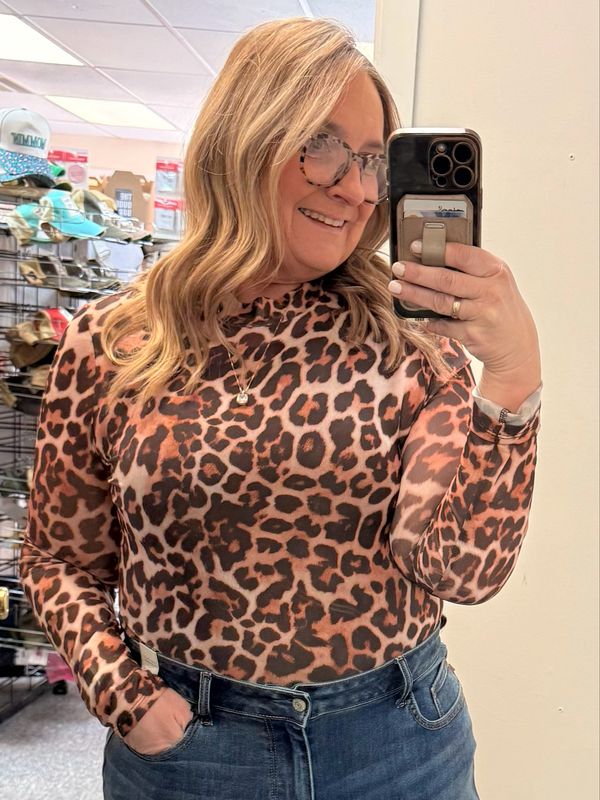Leopard Mock Neck Mesh Top