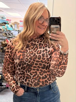Leopard Mock Neck Mesh Top
