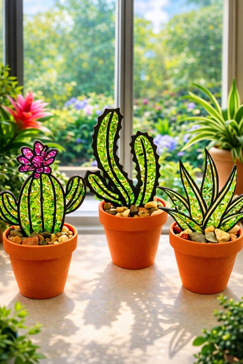 Pair of Potted Succulents - Crushed Glass Resin Art