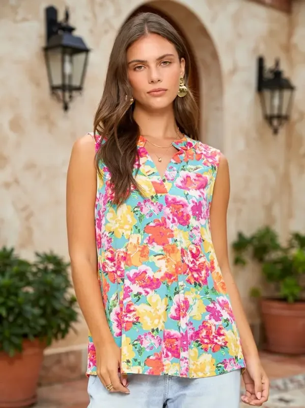 Easy Breeze Sleeveless Blouse - Pink & Aqua Floral