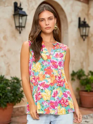 Easy Breeze Sleeveless Blouse - Pink & Aqua Floral