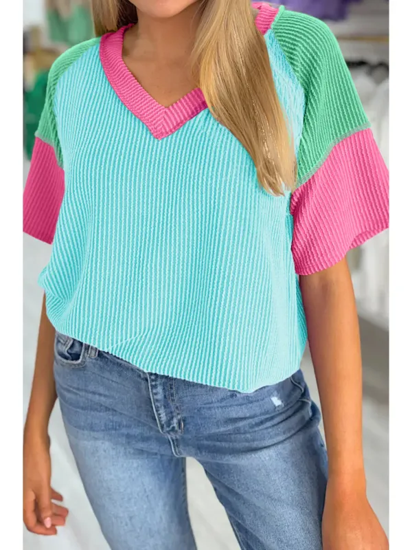Blue Lagoon Color Block V Neck Ribbed Knit Short Sleeve Top