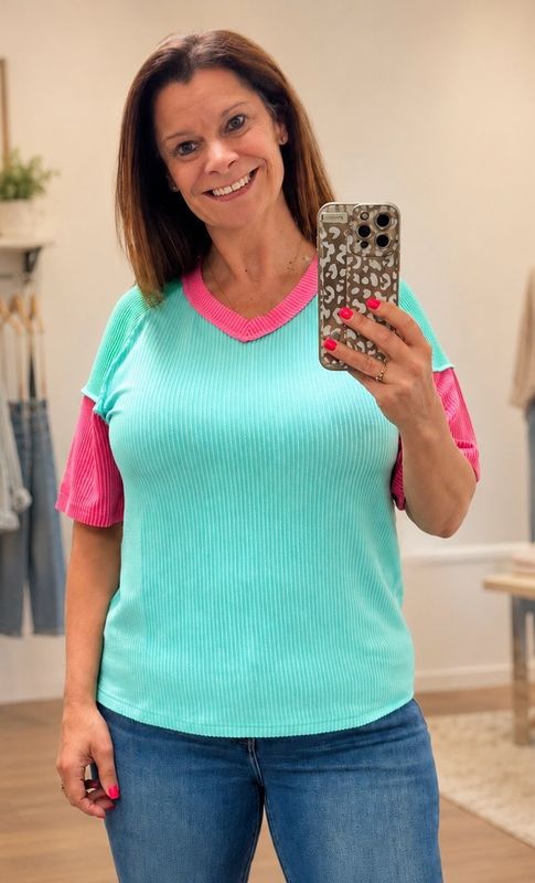 Blue Lagoon Color Block V Neck Ribbed Knit Short Sleeve Top