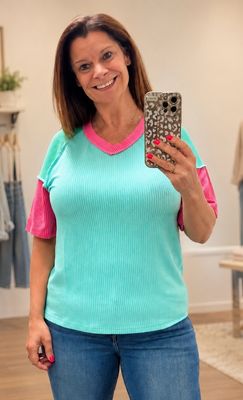 Blue Lagoon Color Block V Neck Ribbed Knit Short Sleeve Top Blue Lagoon Color Block V Neck Ribbed Knit Short Sleeve Top