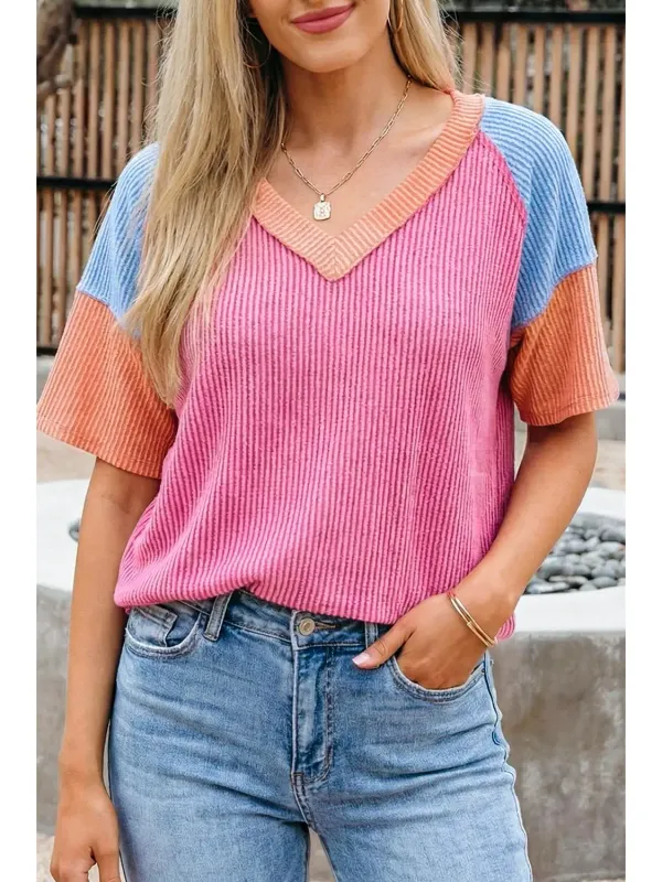 Strawberry Daiquari Color Block V Neck Ribbed Knit Short Sleeve Top