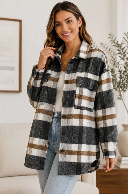 Brown And Gray Plaid Flannel Shacket