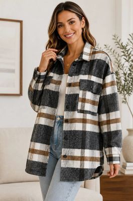 Brown And Gray Plaid Flannel Shacket