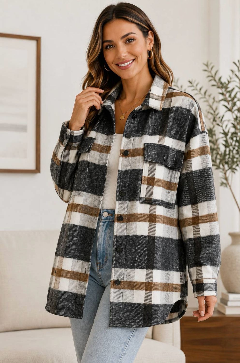 Brown And Gray Plaid Flannel Shacket