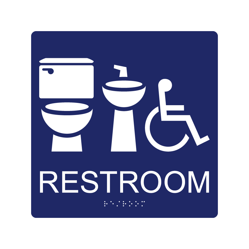 CA Gender Neutral Restroom Wall Sign w/ Braille (9&quot;x9&quot;), Background Color: National Blue, Corners: 1/4&quot; Radius Corners, Pictogram Style: Gender Neutral Symbol &amp; Wheelchair