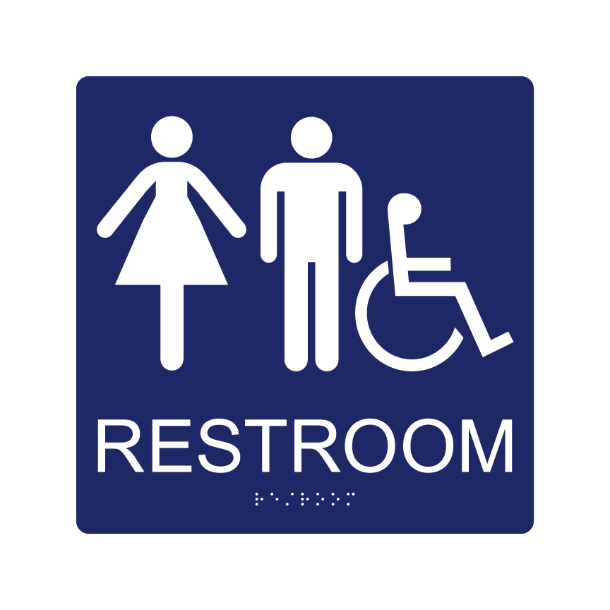 Unisex Restroom Wall Sign w/ Braille (9&quot;x9&quot;), Background Color: National Blue, Corners: 1/4&quot; Radius Corners, Pictogram Style: Woman, Man &amp; Wheelchair
