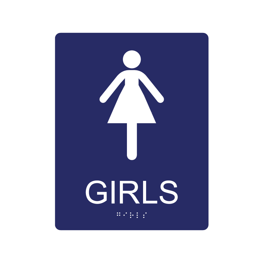 Girls&#39; Restroom Wall Sign w/ Braille (7&quot;x 9&quot;), Background Color: National Blue, Corners: 1/4&quot; Radius Corners, Pictogram Style: Female Pictogram