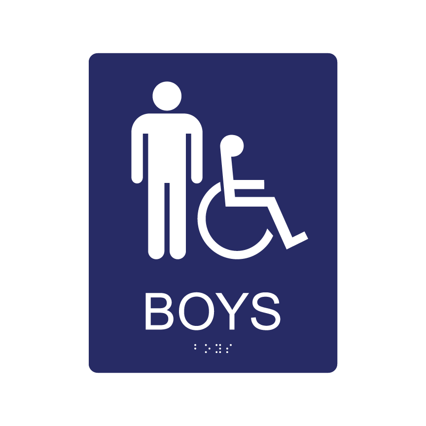 Boys&#39; Restroom Wall Sign w/ Braille (7&quot;x 9&quot;), Background Color: National Blue, Corners: 1/4&quot; Radius Corners, Pictogram Style: Male Pictogram &amp; Wheelchair